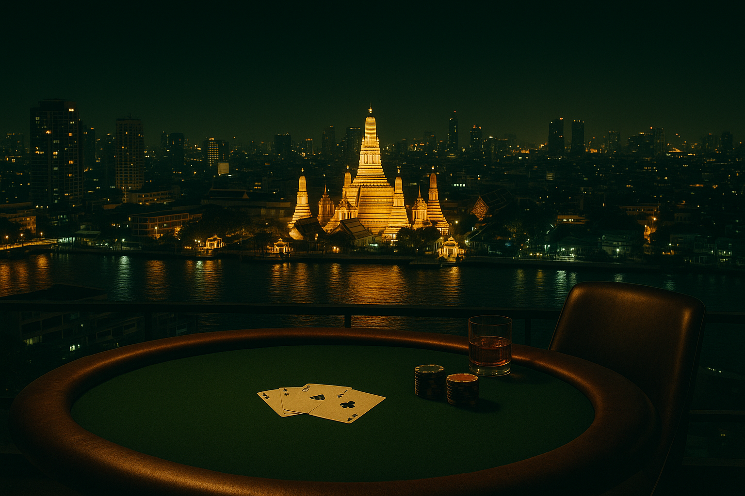 Bangkok skyline at night with subtle poker motifs